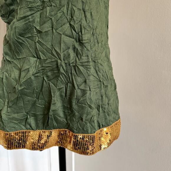 Y2K Deadstock NWT Crinkled Green Tank Top with Gold Sequins Women's Size Medium - Picture 2 of 4